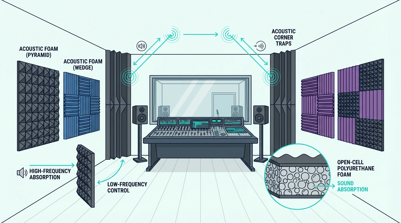 Control room with fabric-wrapped acoustic panels on walls and corners