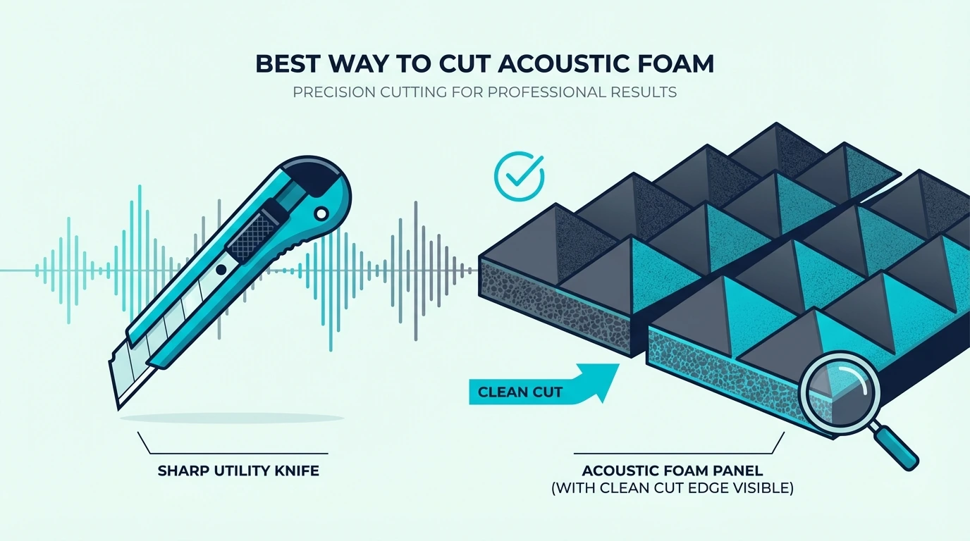 Sharp utility knife beside acoustic foam with a clean cut edge