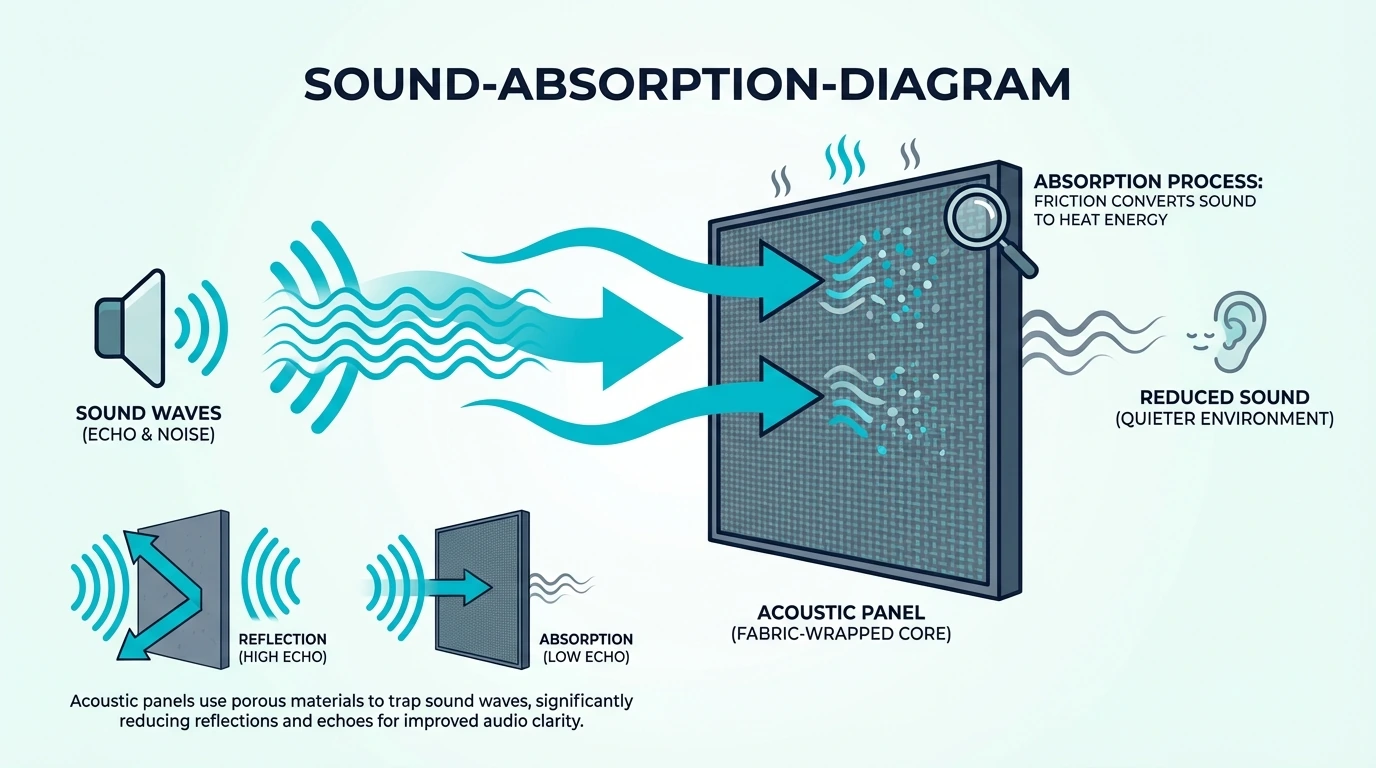 Diagram showing acoustic panels absorbing sound reflections