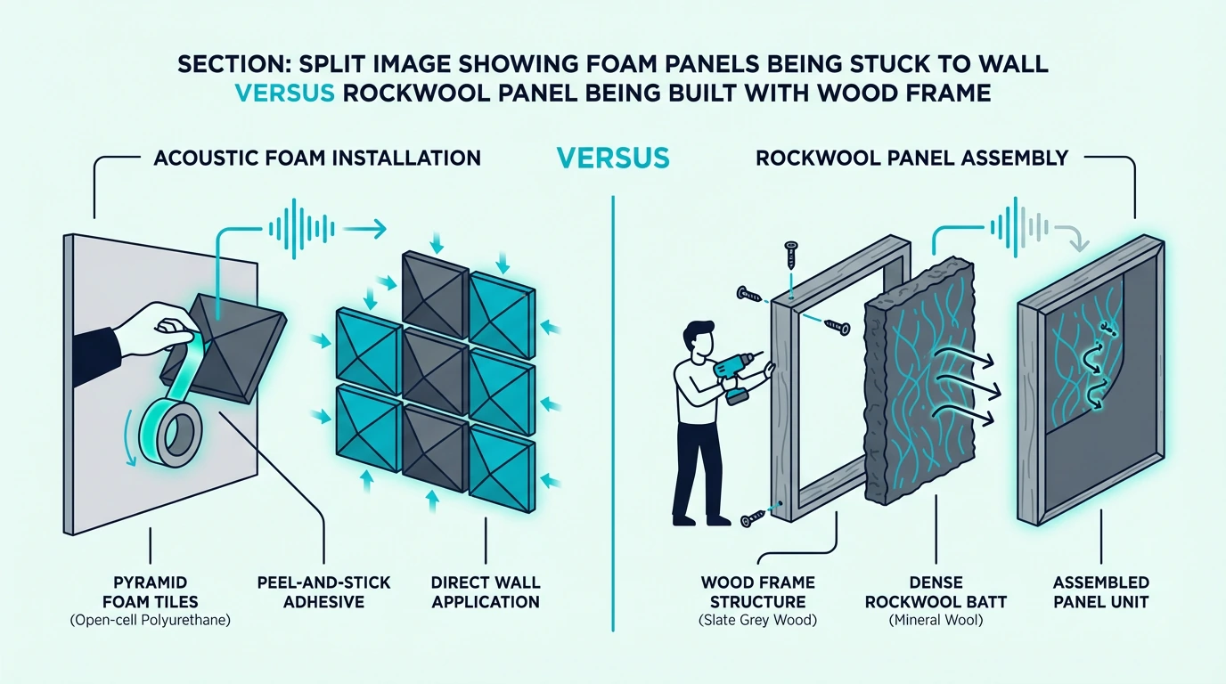 Foam panels stuck to a wall beside a Rockwool panel in a wood frame