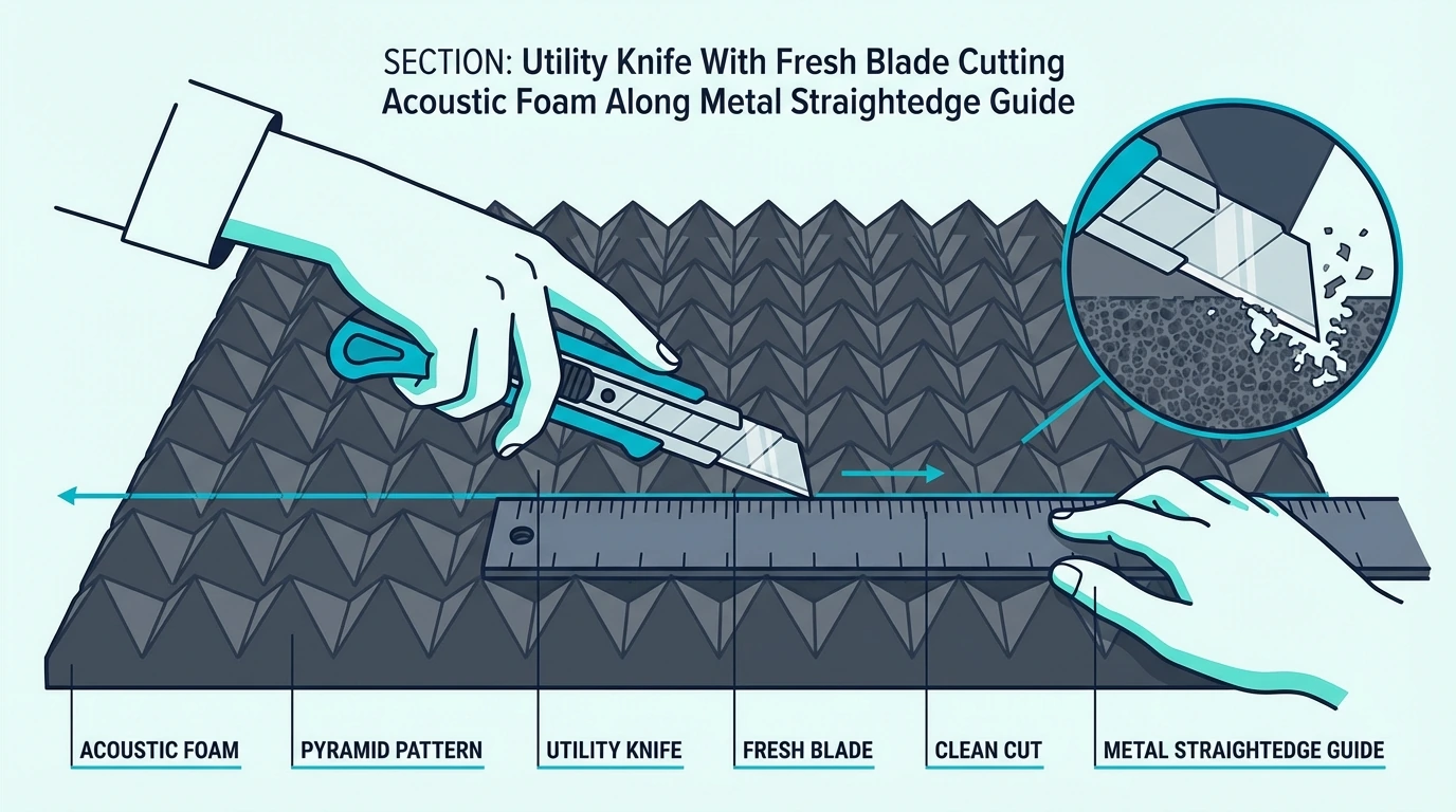 Utility knife cutting acoustic foam along a metal straightedge