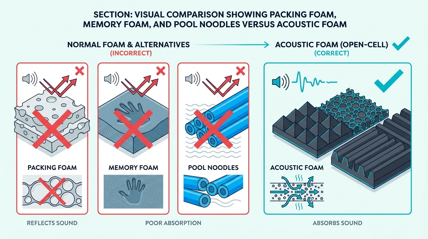 Visual comparison showing packing foam memory foam and pool noodles with x marks versus acoustic foam with a checkmark