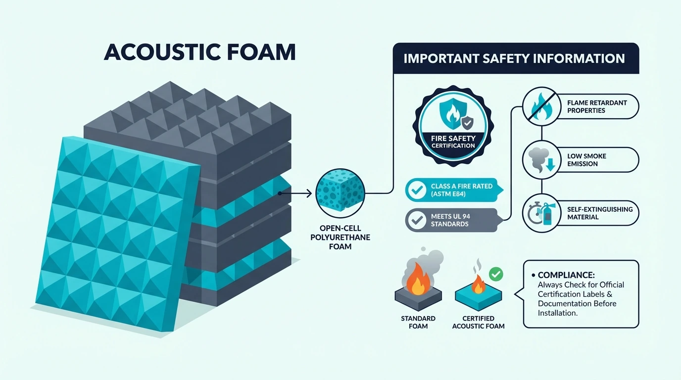 Acoustic foam packaging with fire safety certification labels
