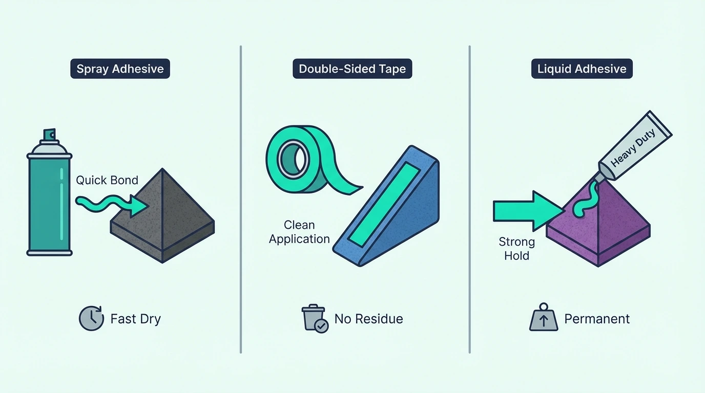 Adhesive comparison overview for mounting acoustic foam (spray vs tape vs removable options)