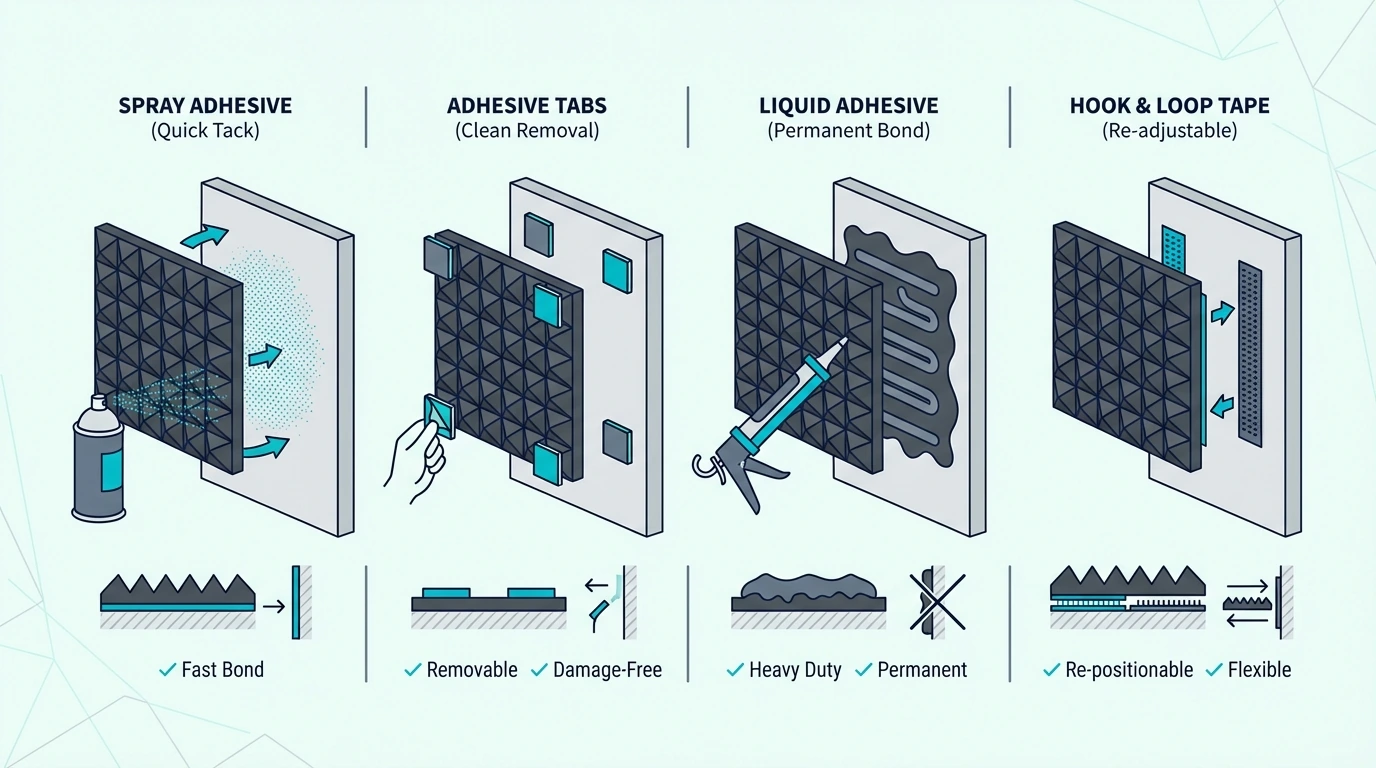 Adhesive types that work for acoustic foam (spray, tape, Command strips, and liquid adhesive)