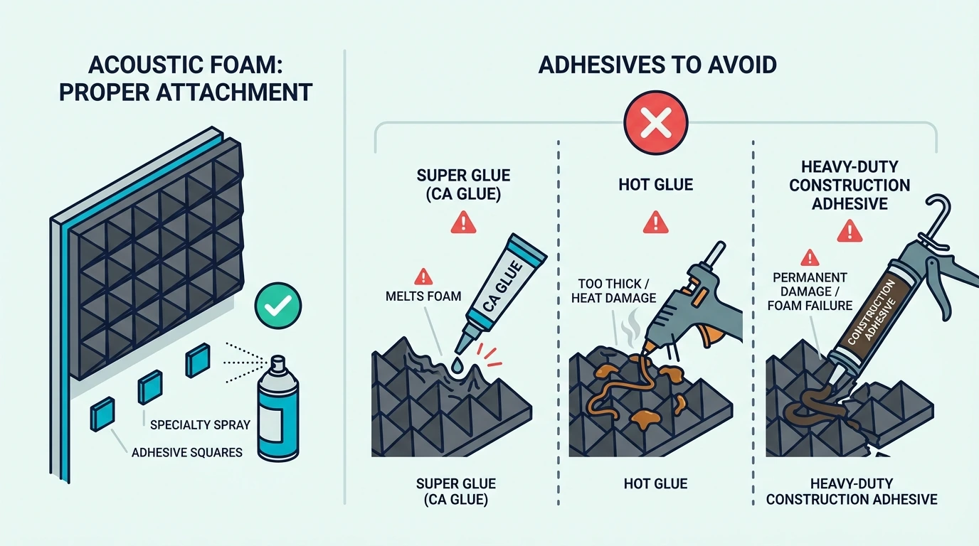 Adhesives to avoid for acoustic foam (weak bonds, foam damage, and messy removal)