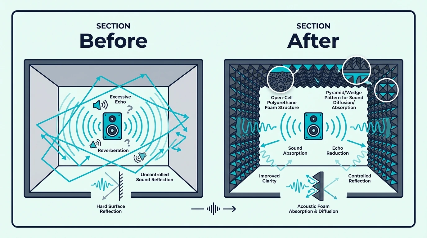 Before and after room treatment with acoustic foam panels
