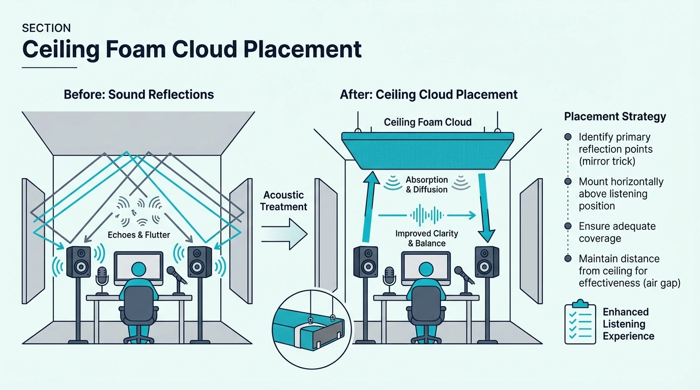 Ceiling foam cloud placement above a listening position