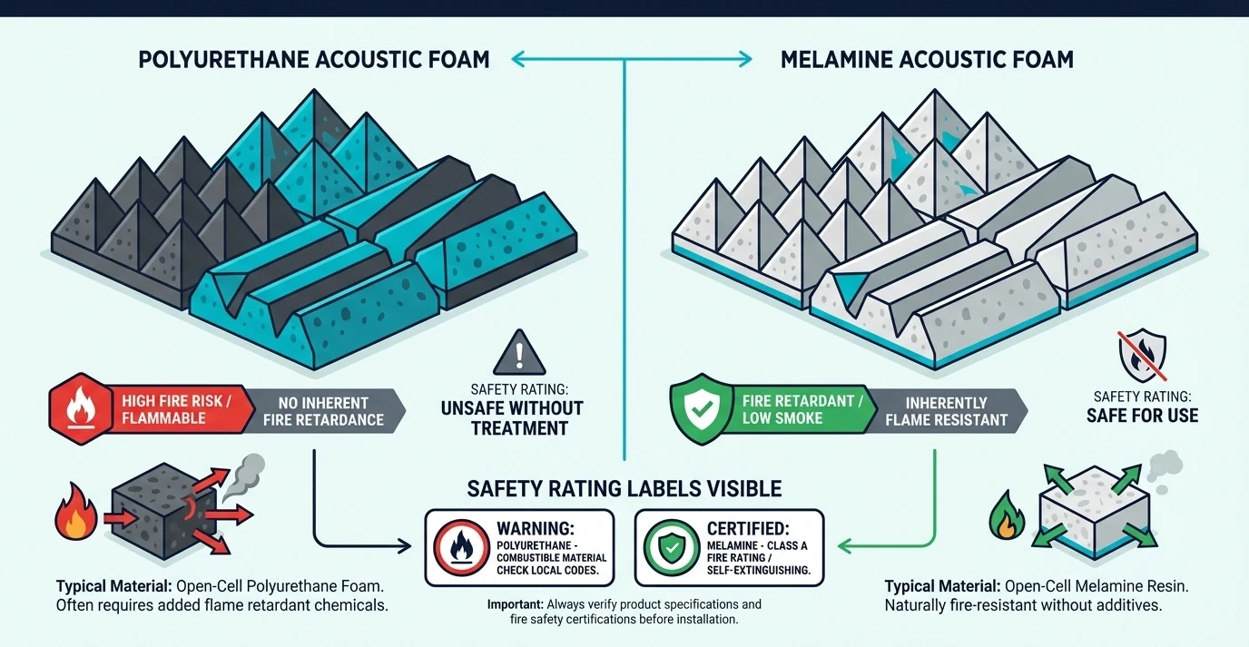 Polyurethane and melamine acoustic foam compared with safety ratings