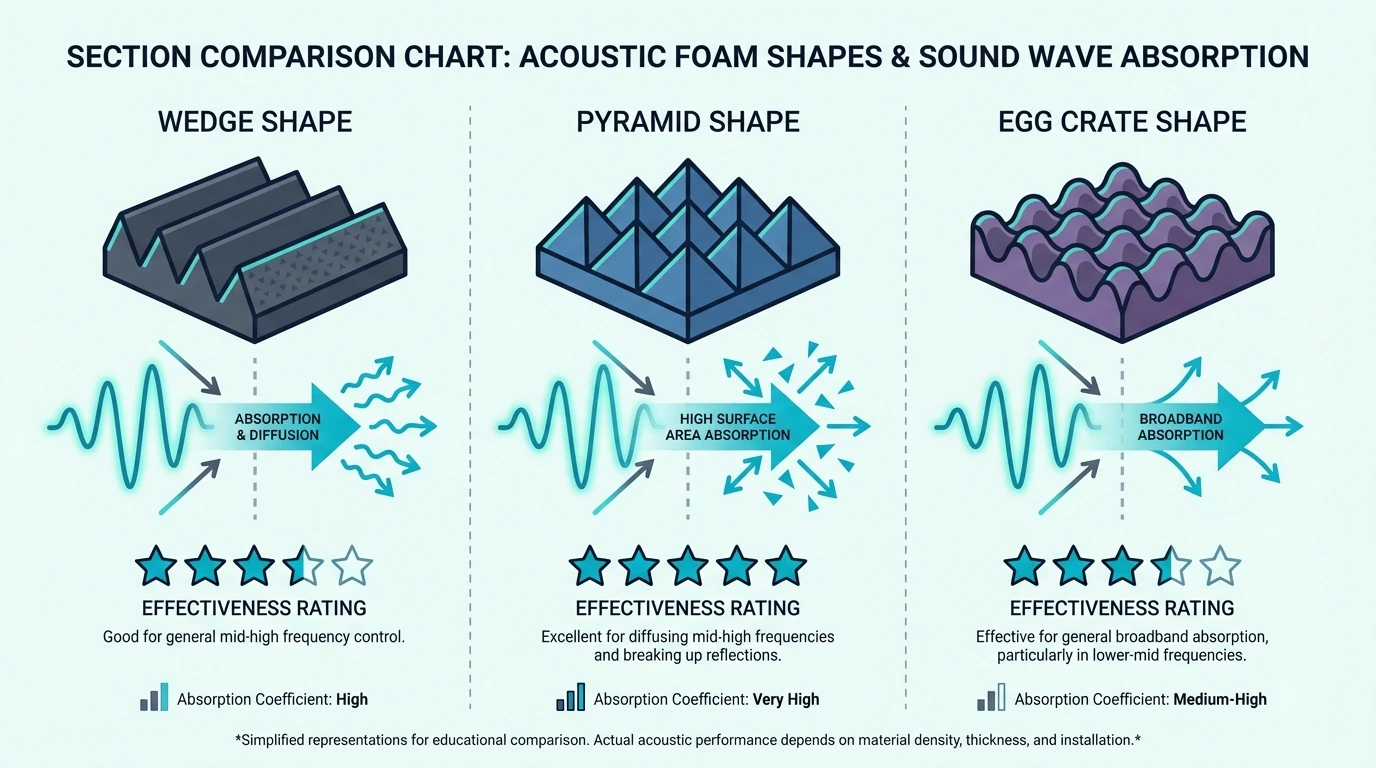 Comparison chart of wedge, pyramid, and egg crate foam absorption patterns