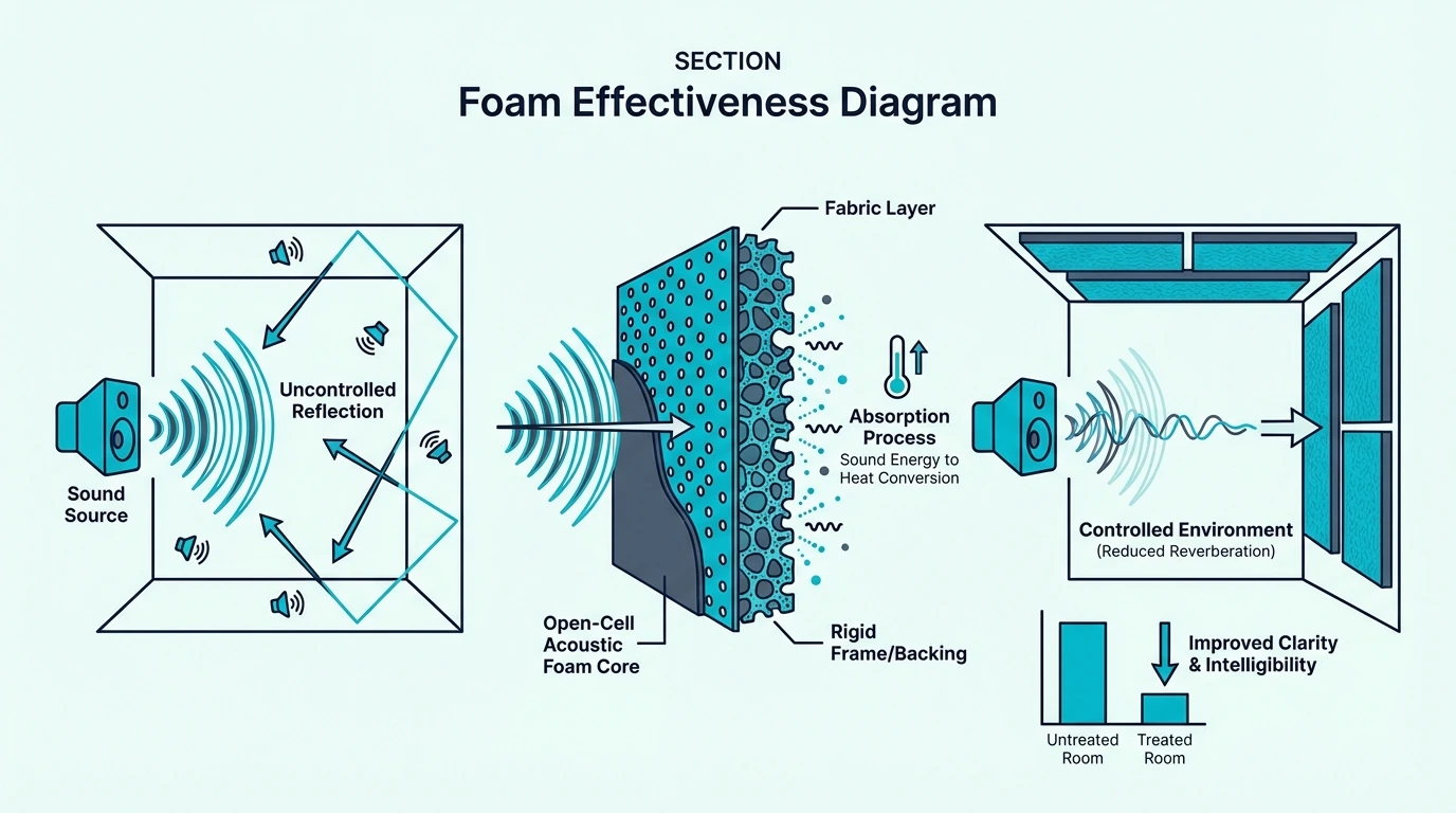 Diagram showing where acoustic foam is effective in a room