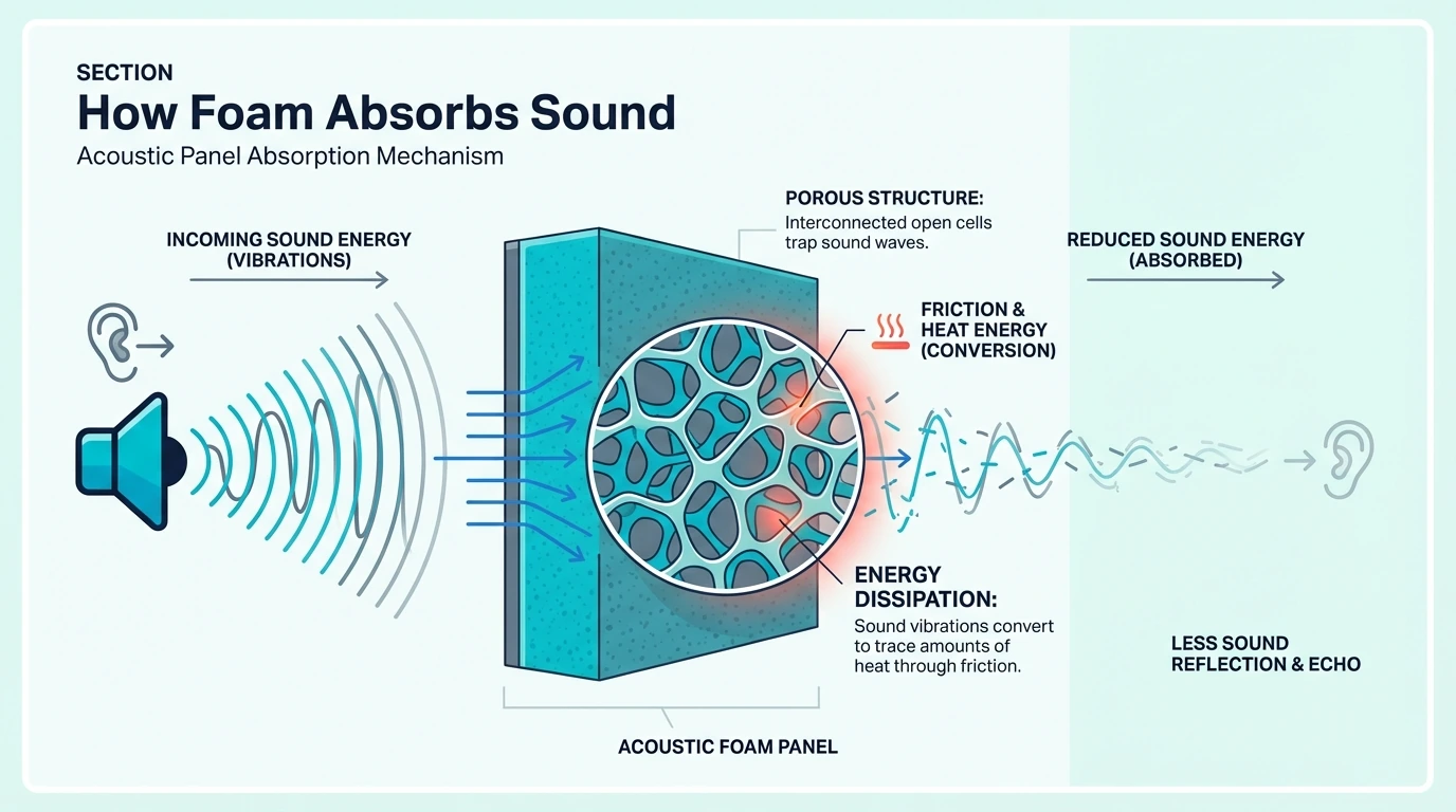 Diagram explaining how acoustic foam absorbs sound