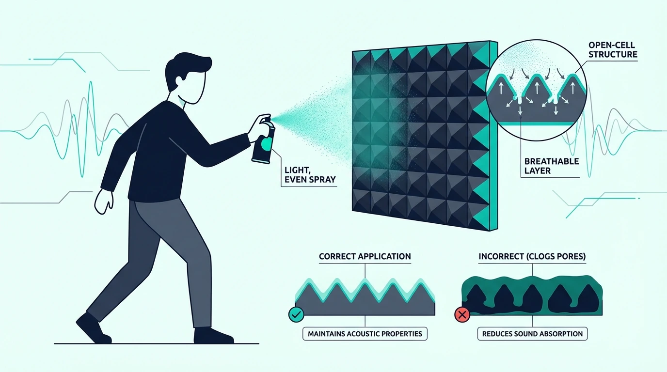 Person lightly spray painting an acoustic foam panel