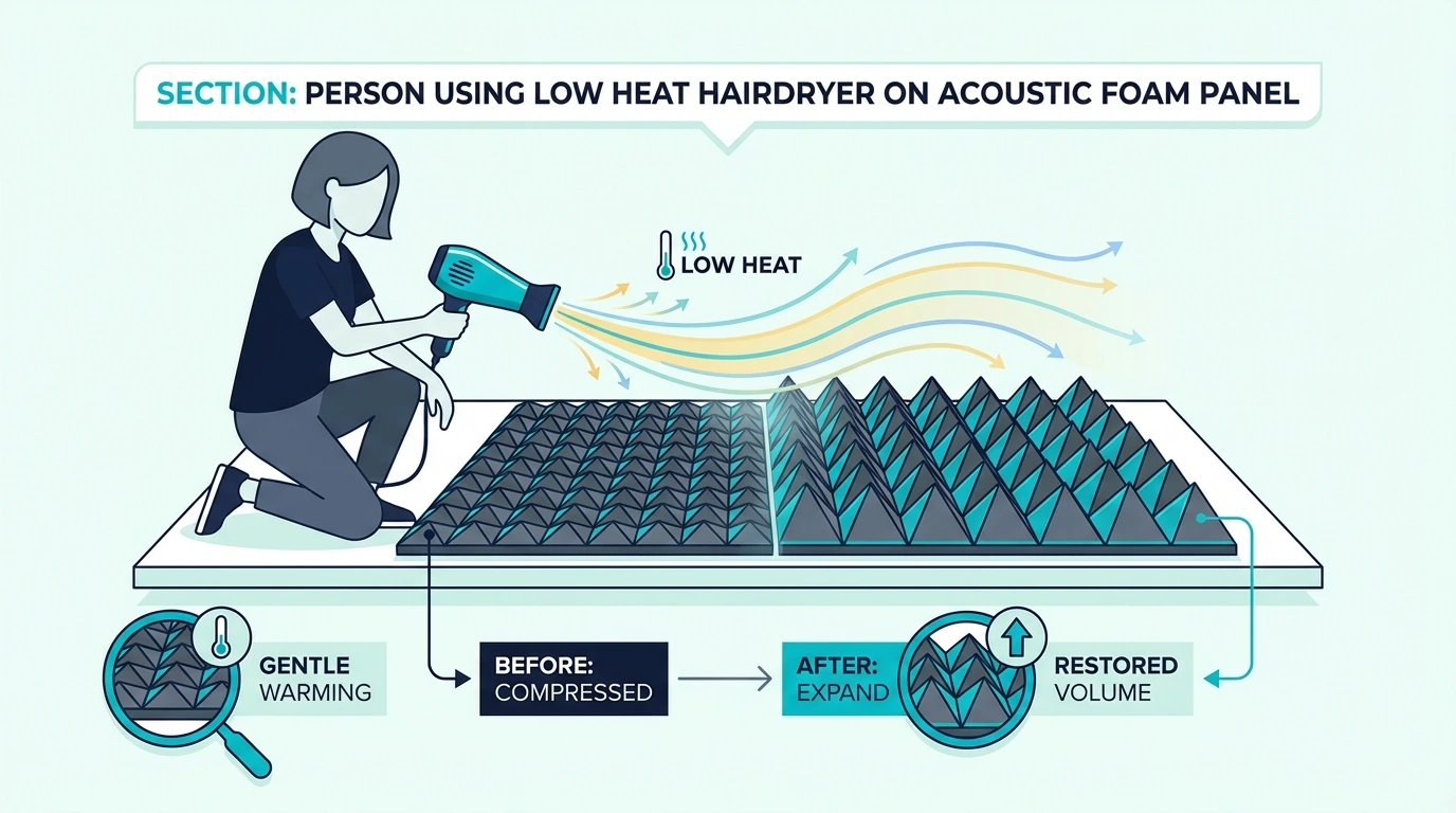 Person using a low-heat hair dryer on acoustic foam