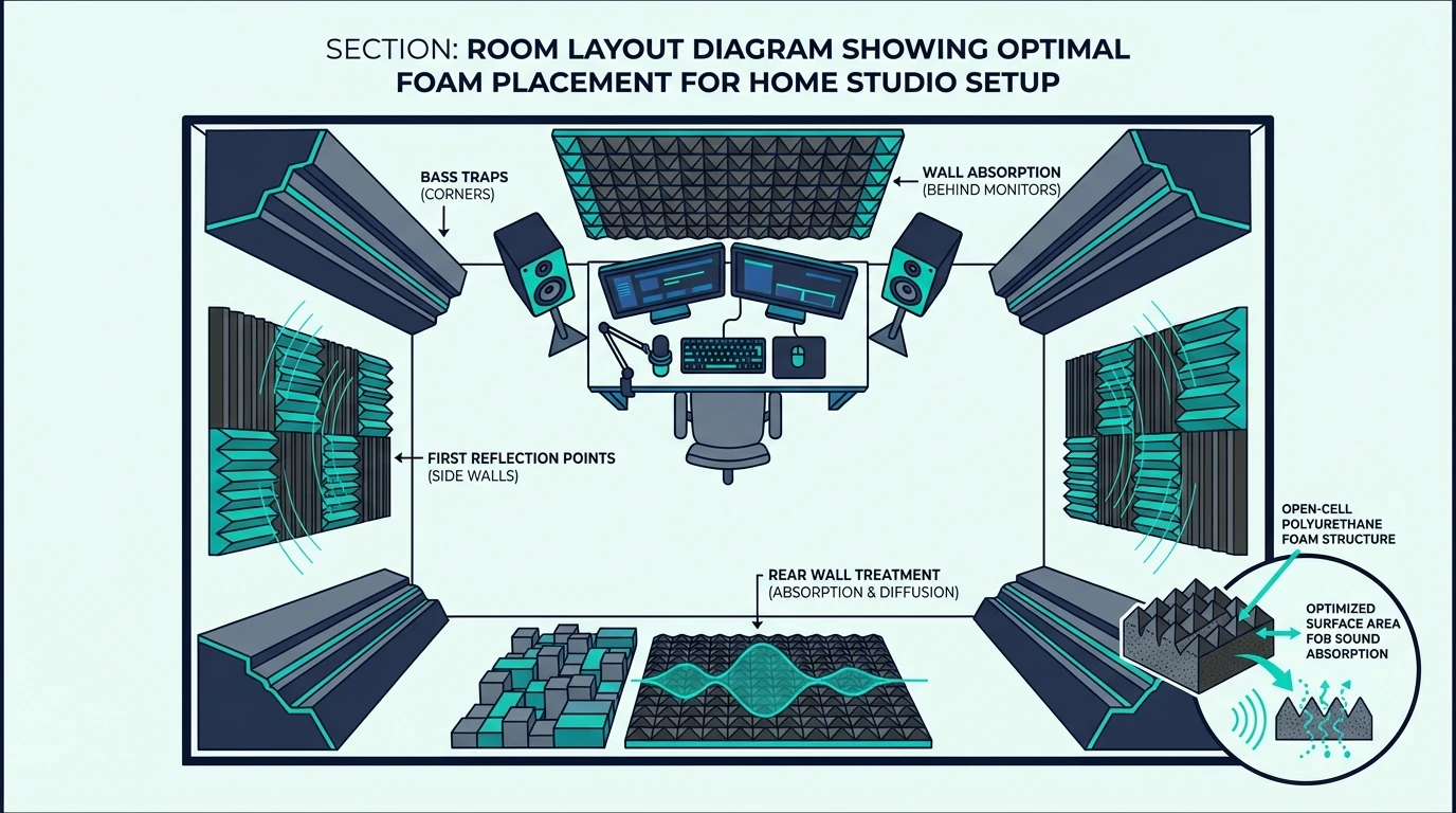 Home studio room layout showing optimal acoustic foam placement