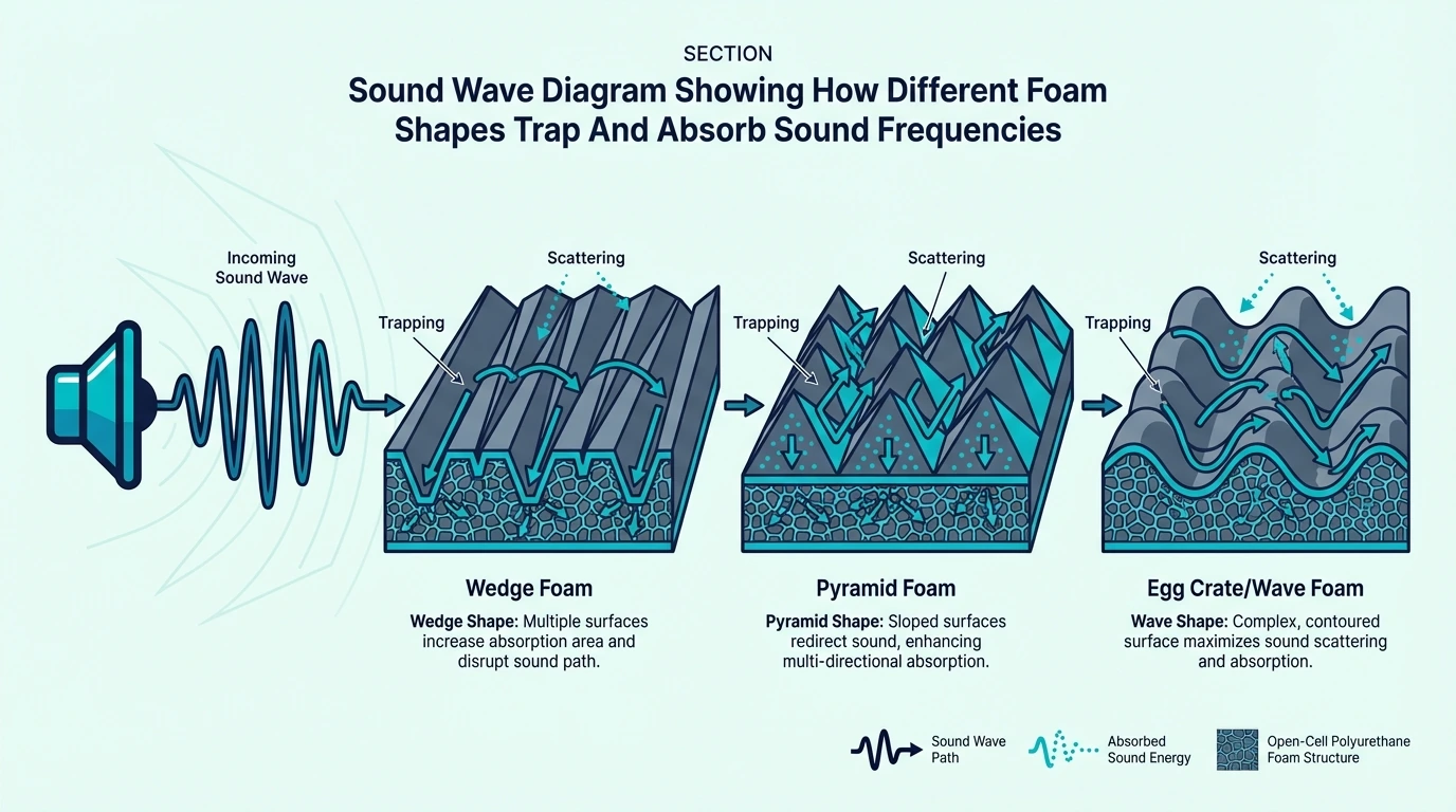 Sound wave diagram comparing how foam shapes absorb sound
