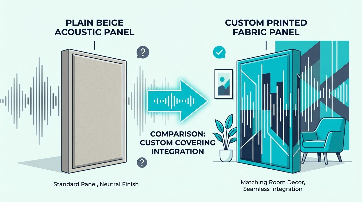 Plain acoustic panel compared with a custom printed fabric art panel