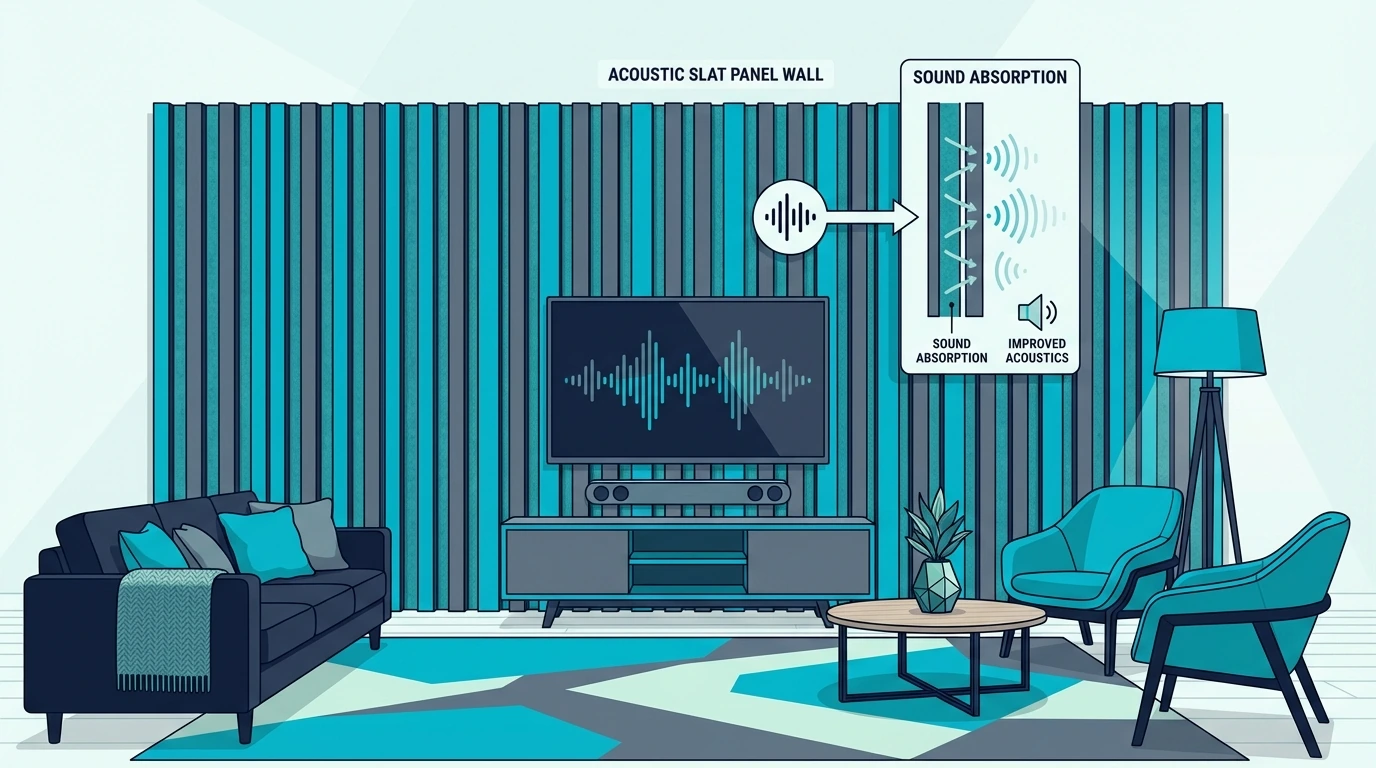 Modern living room with an acoustic slat panel feature wall