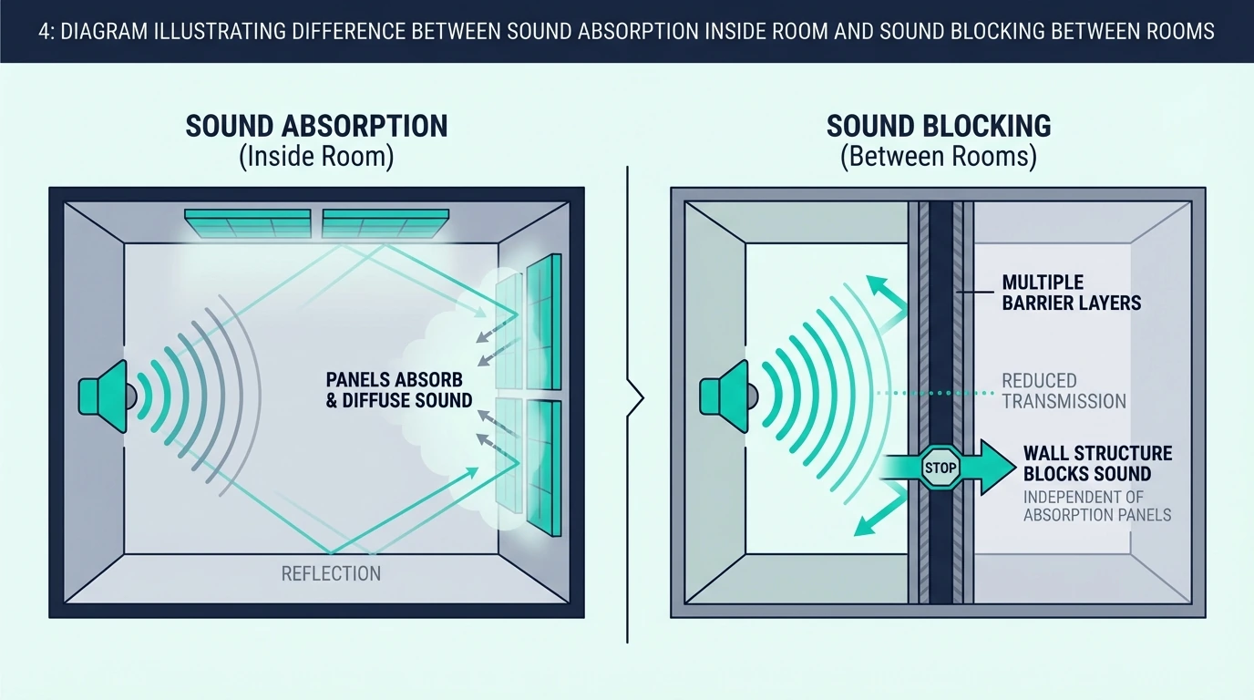 Diagram comparing room sound absorption with sound blocking between rooms