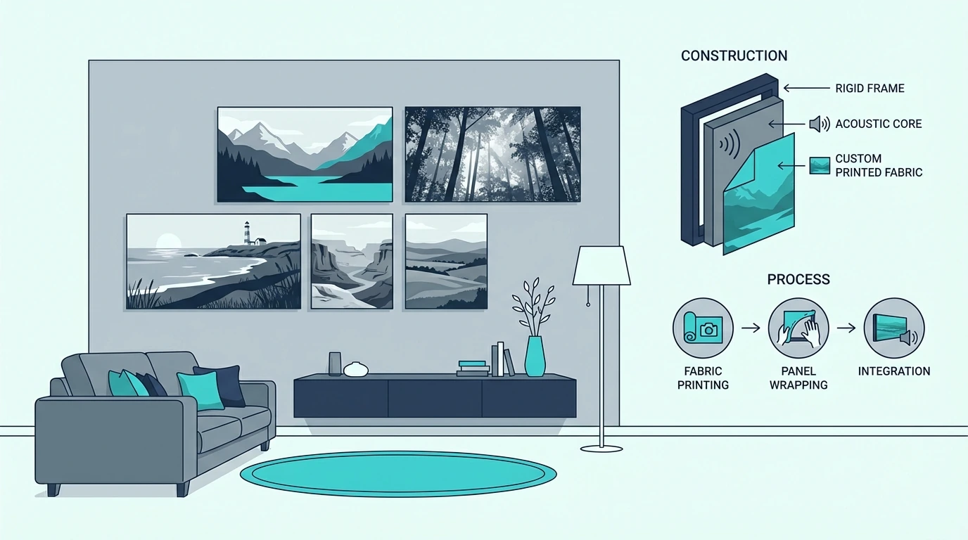 Living room with custom printed acoustic art panels blending with decor