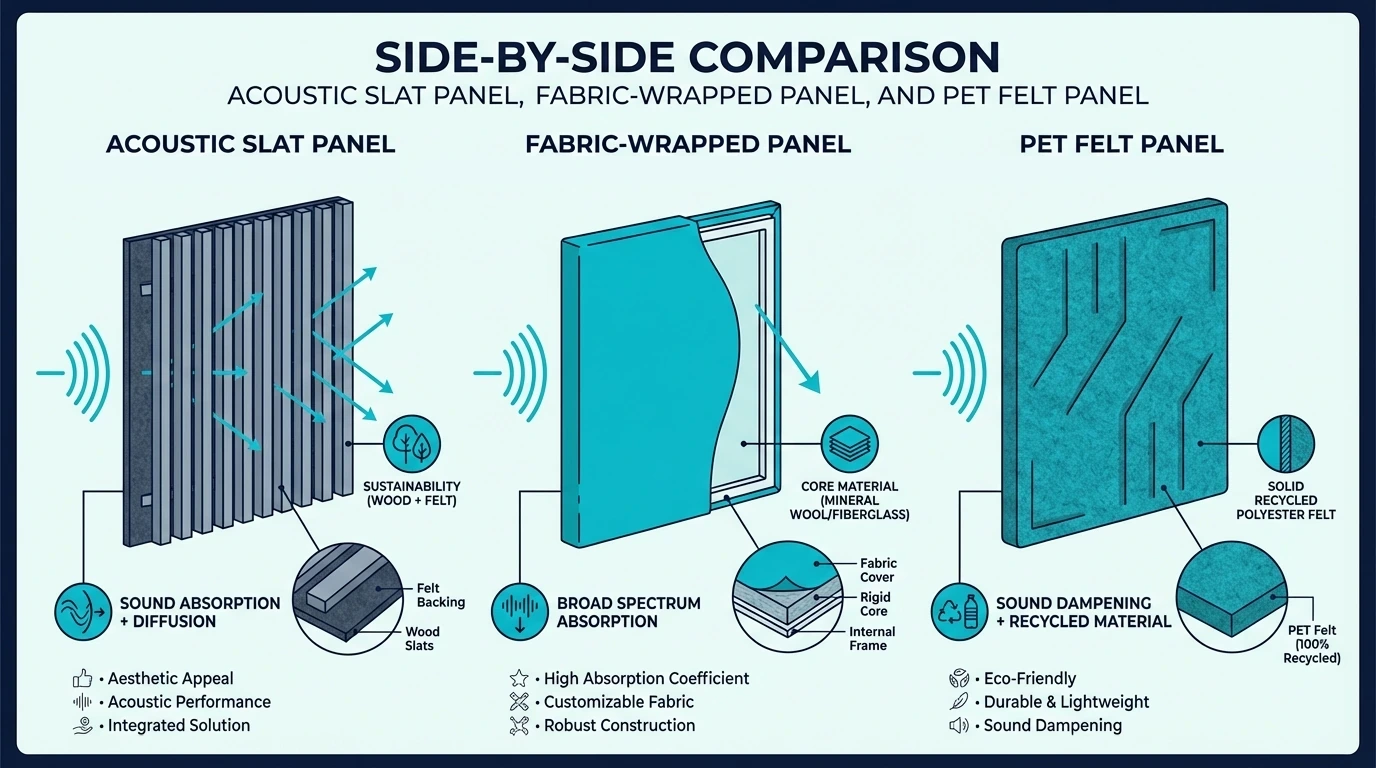 Comparison of acoustic slat panels, fabric panels, and PET felt panels