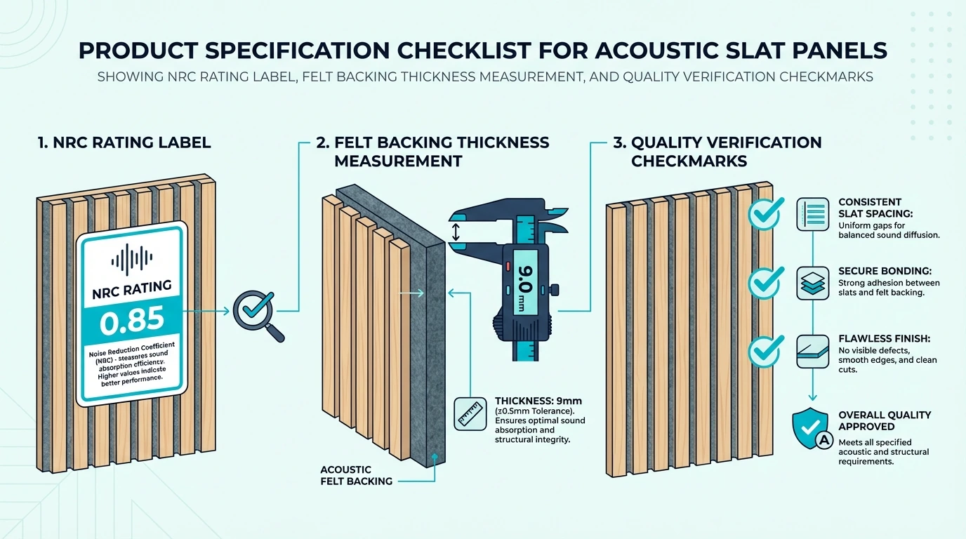 Specification checklist for acoustic slat panels including NRC and backing thickness