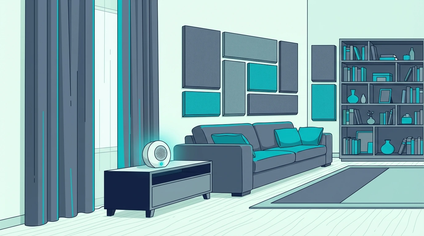 Apartment setup using white noise, curtains, and furniture for noise management