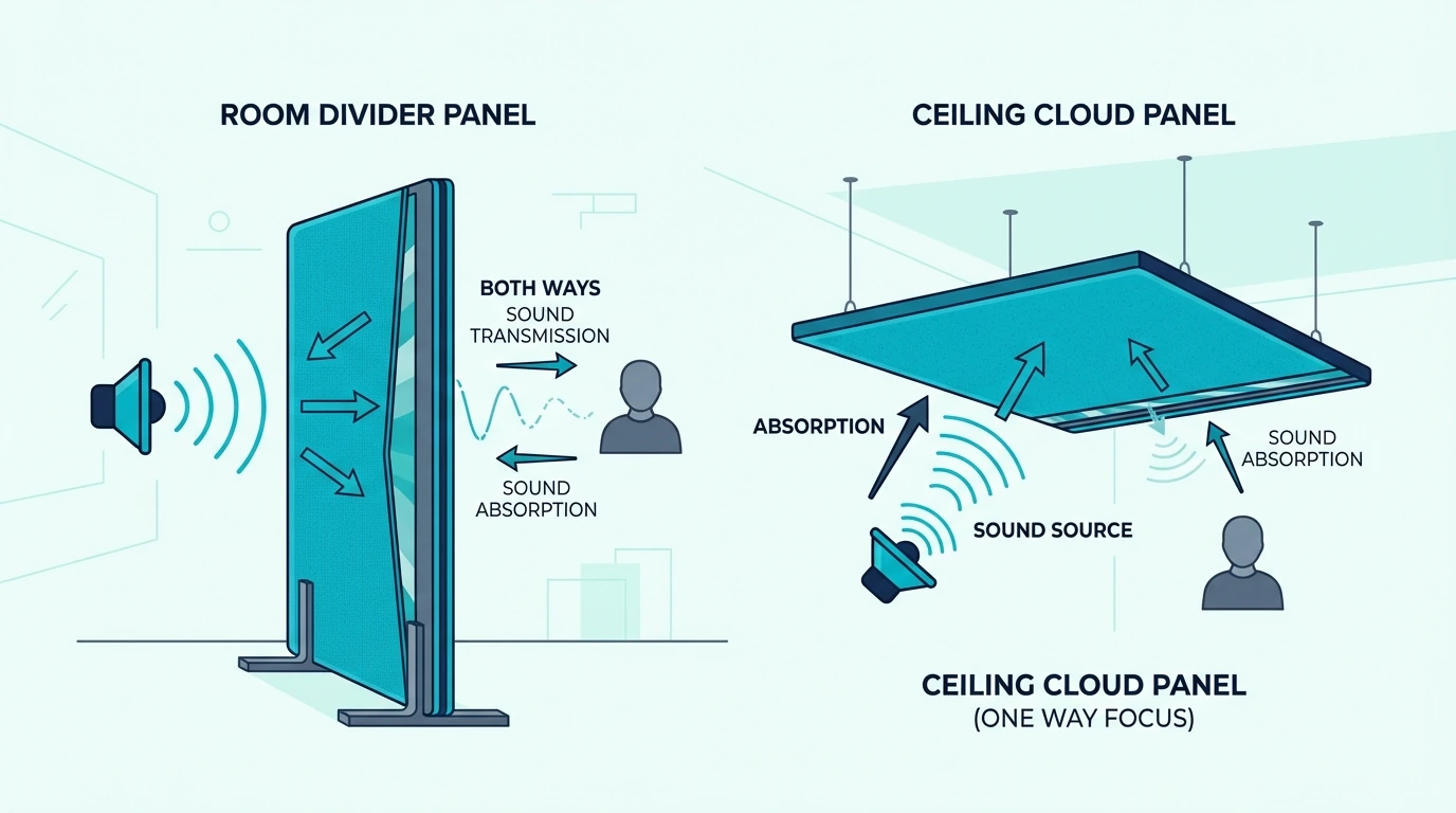 Cloud panels and divider panels for two-sided absorption