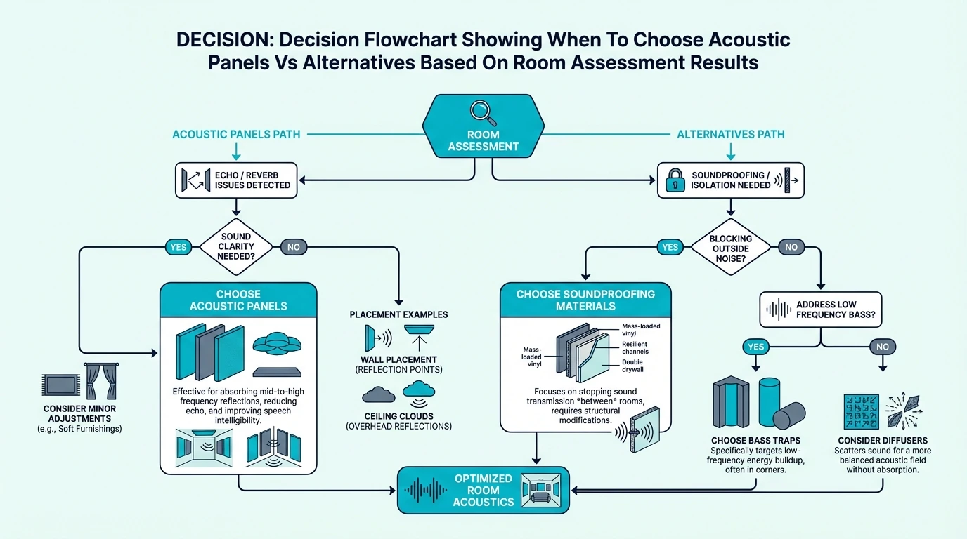 Decision flowchart for choosing acoustic panels or alternatives