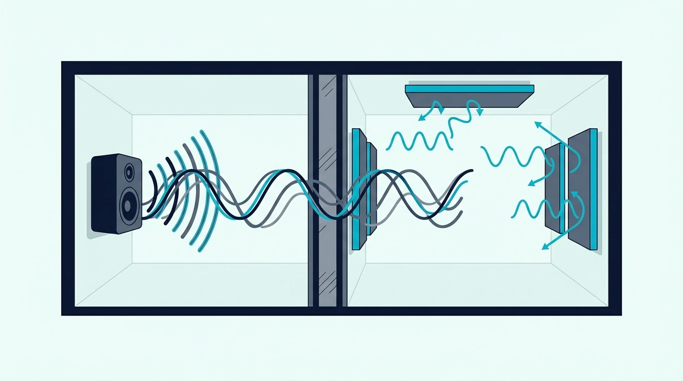Diagram showing noise transmission through a wall structure