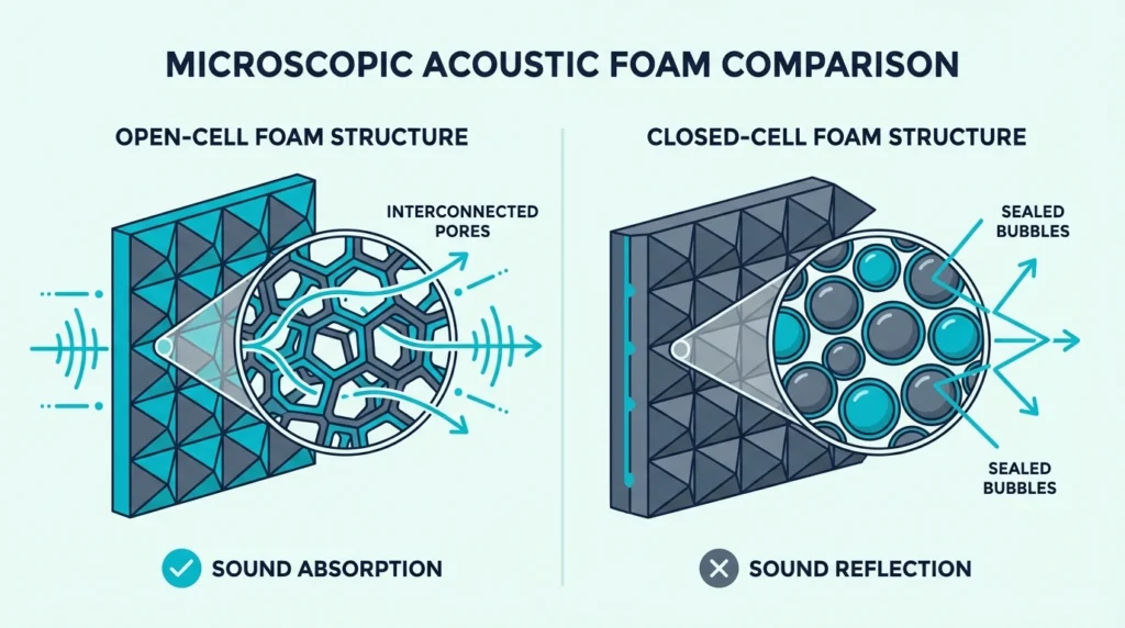 Microscopic comparison of open-cell vs closed-cell foam structure