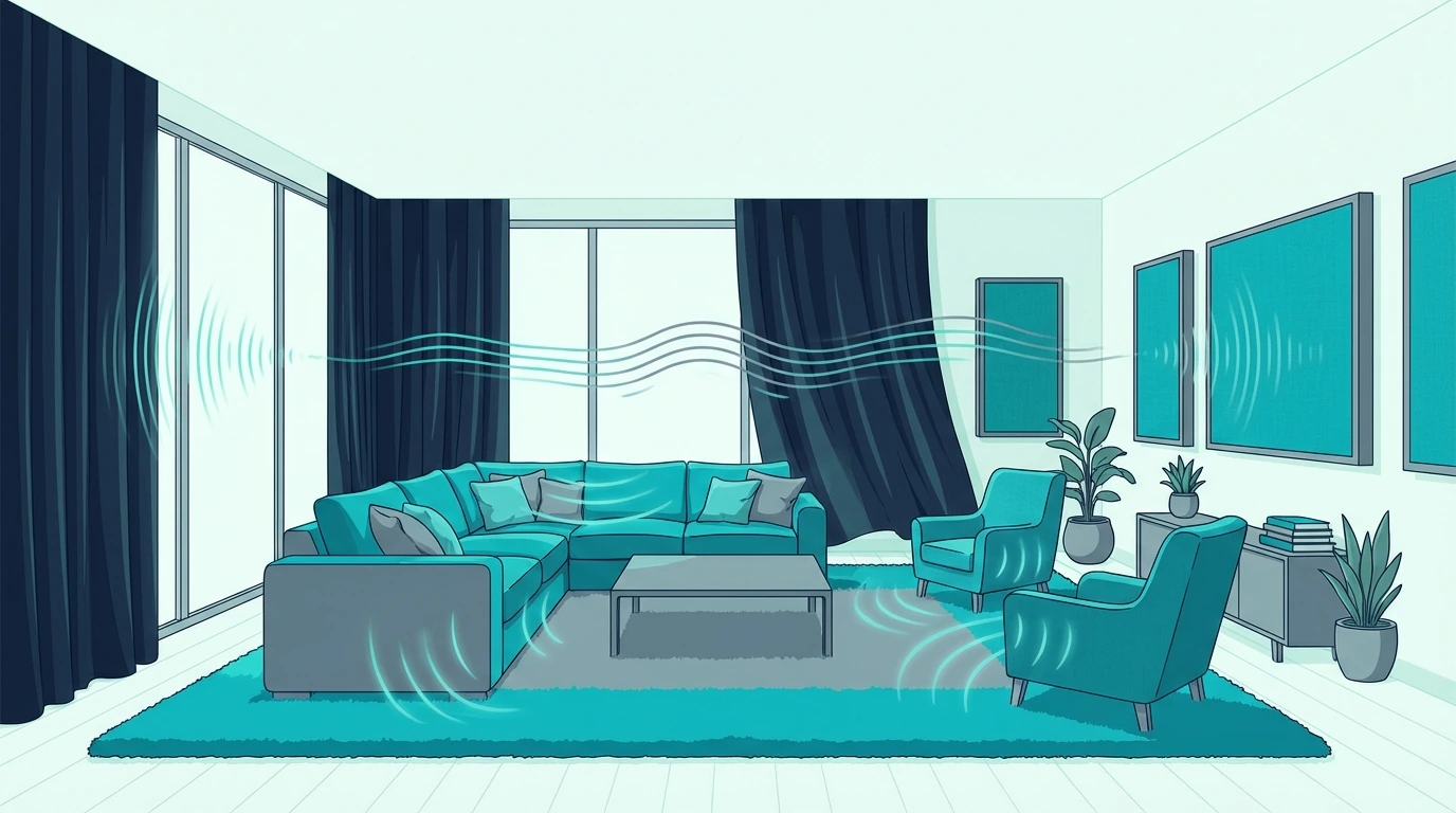 Well-furnished room with carpet, curtains, and furniture providing absorption