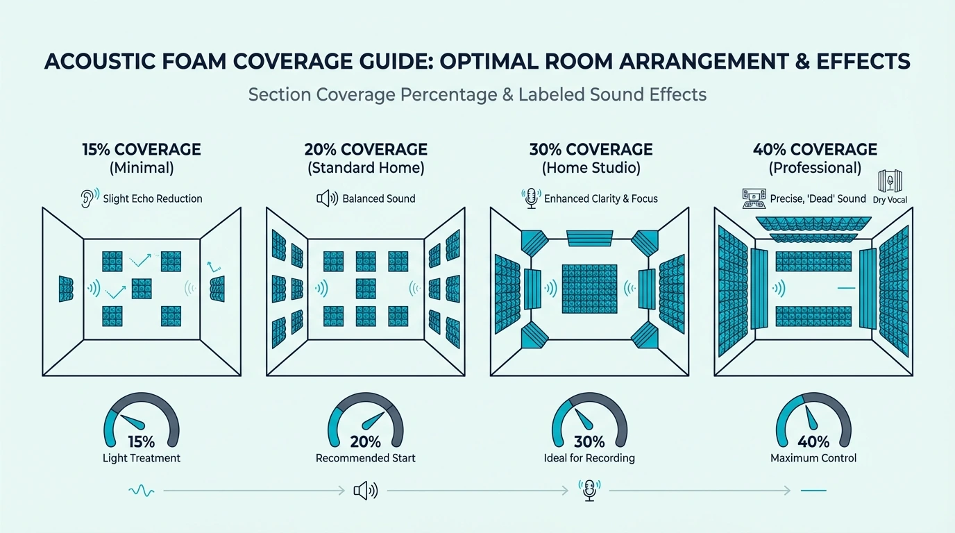 Room illustration showing acoustic foam coverage from 15 to 40 percent
