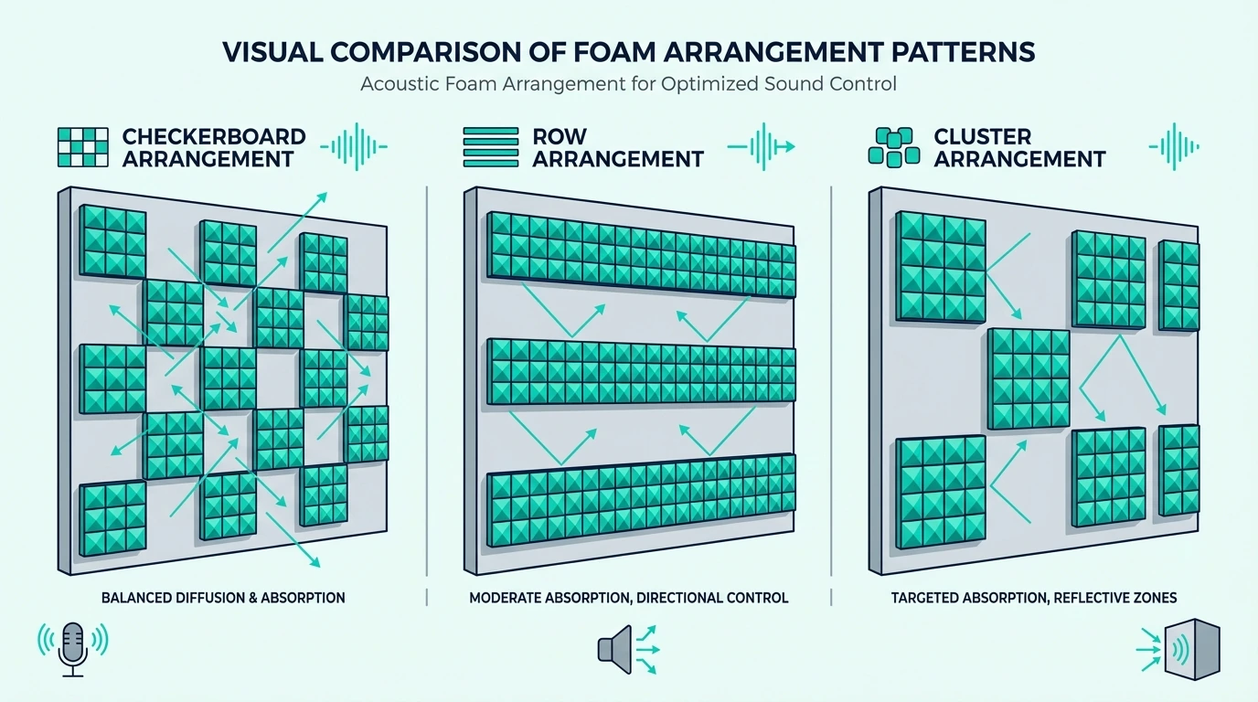 Visual comparison of checkerboard, row, and cluster foam arrangement patterns