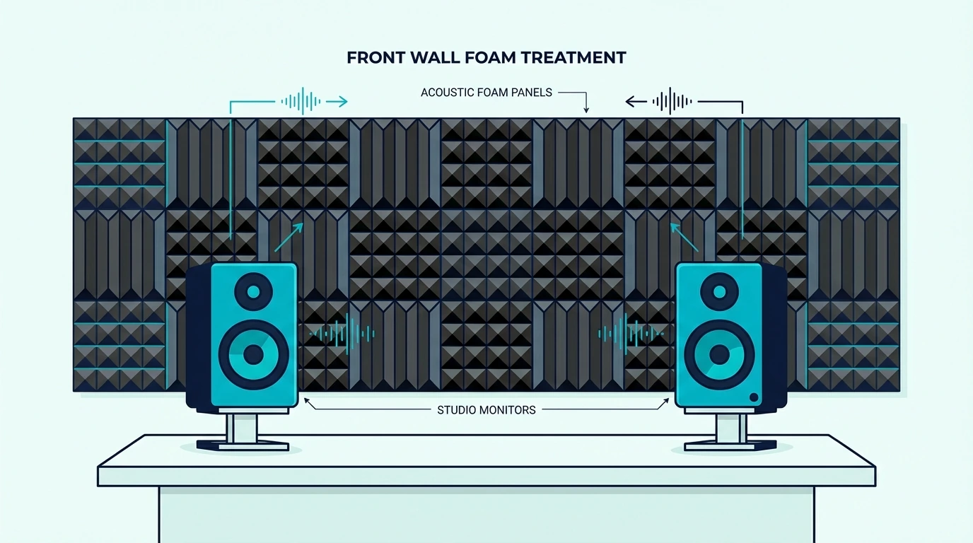 Acoustic foam panels installed behind studio monitors