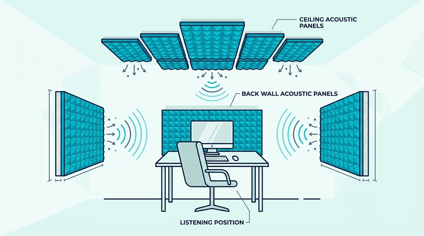 Acoustic treatment around a desk and listening position