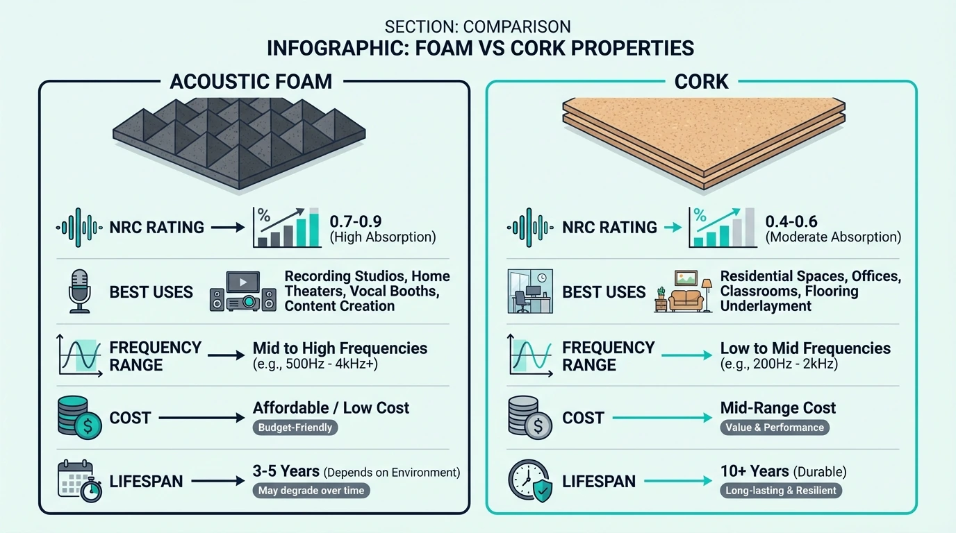 Comparison infographic with two columns showing foam vs cork properties including nrc ratings best uses frequency range…