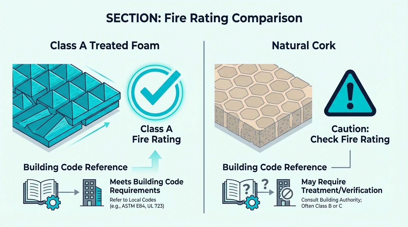 Fire rating comparison showing class a treated foam with checkmark versus natural cork with caution symbol with building…
