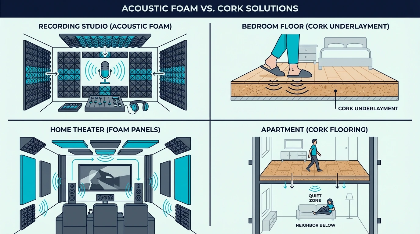 Four quadrant illustration showing recording studio with foam bedroom floor with cork underlayment home theater with foam…