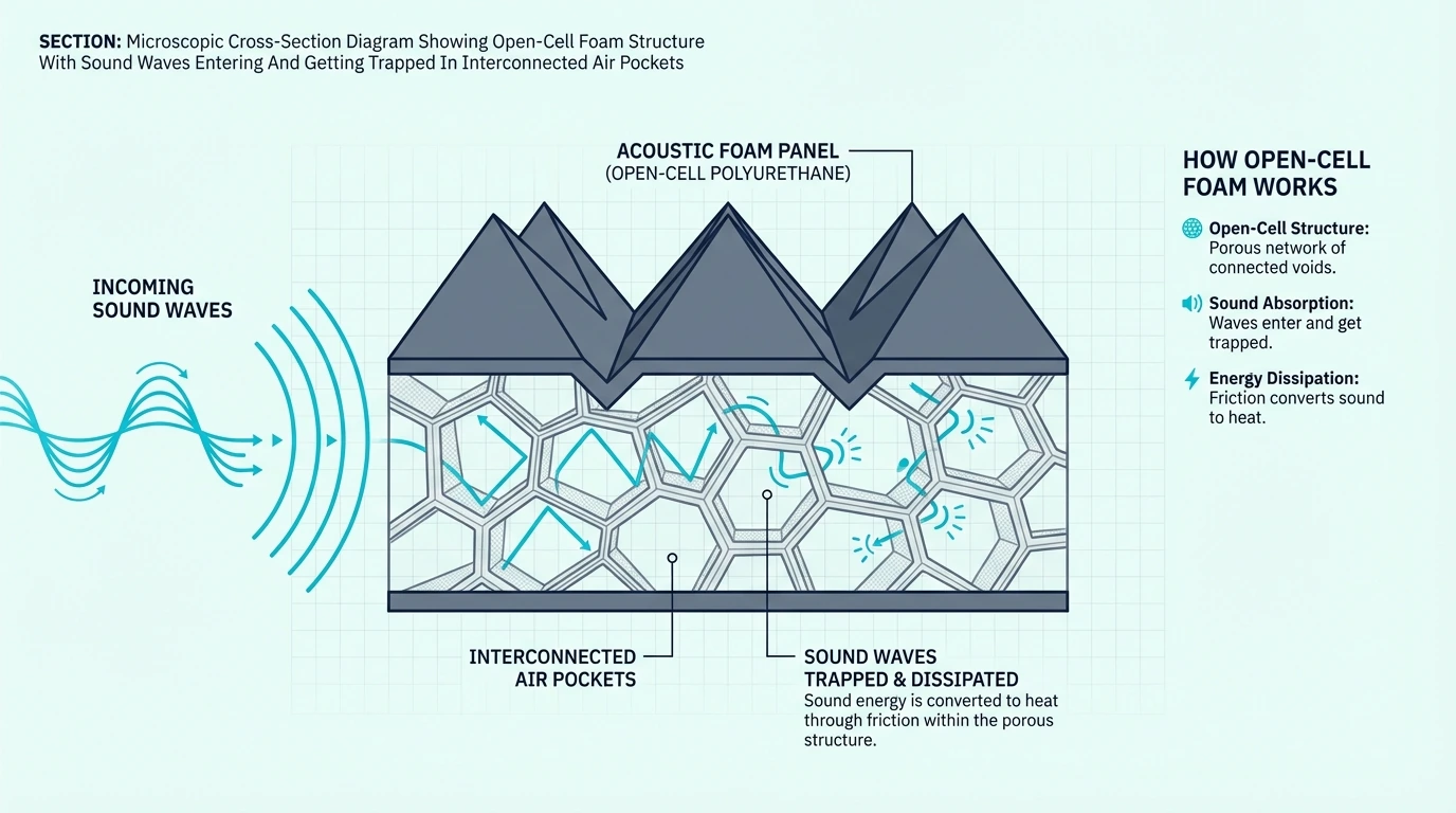 Microscopic cross section diagram showing open cell foam structure with sound waves entering and getting trapped in…