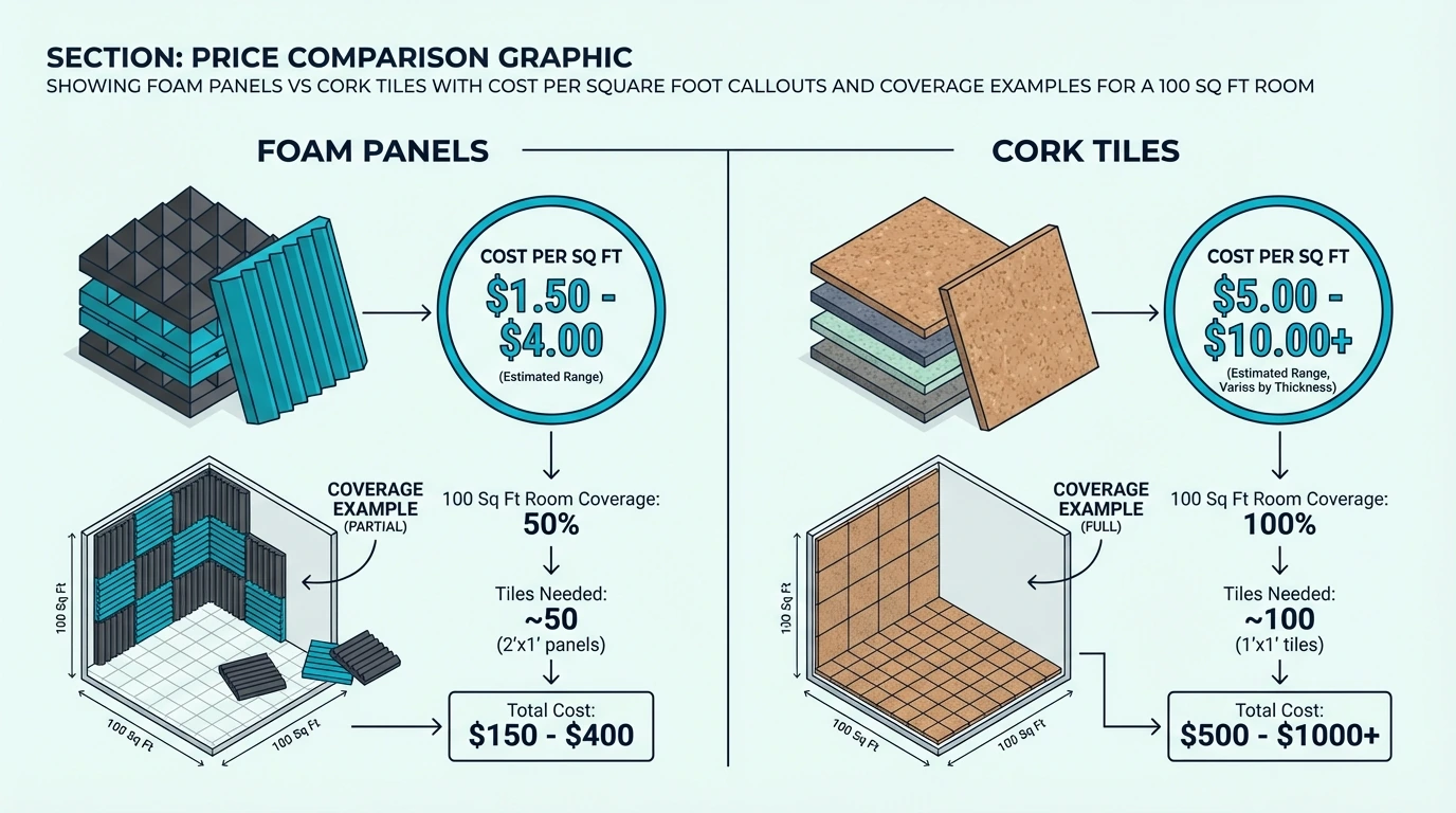 Price comparison graphic showing foam panels vs cork tiles with cost per square foot callouts and coverage examples for a…