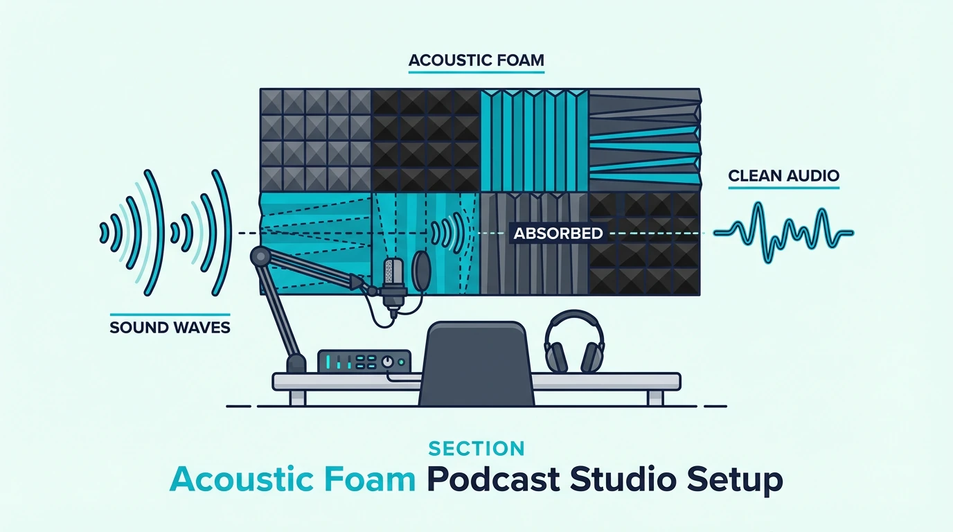Podcast studio setup using acoustic foam panels
