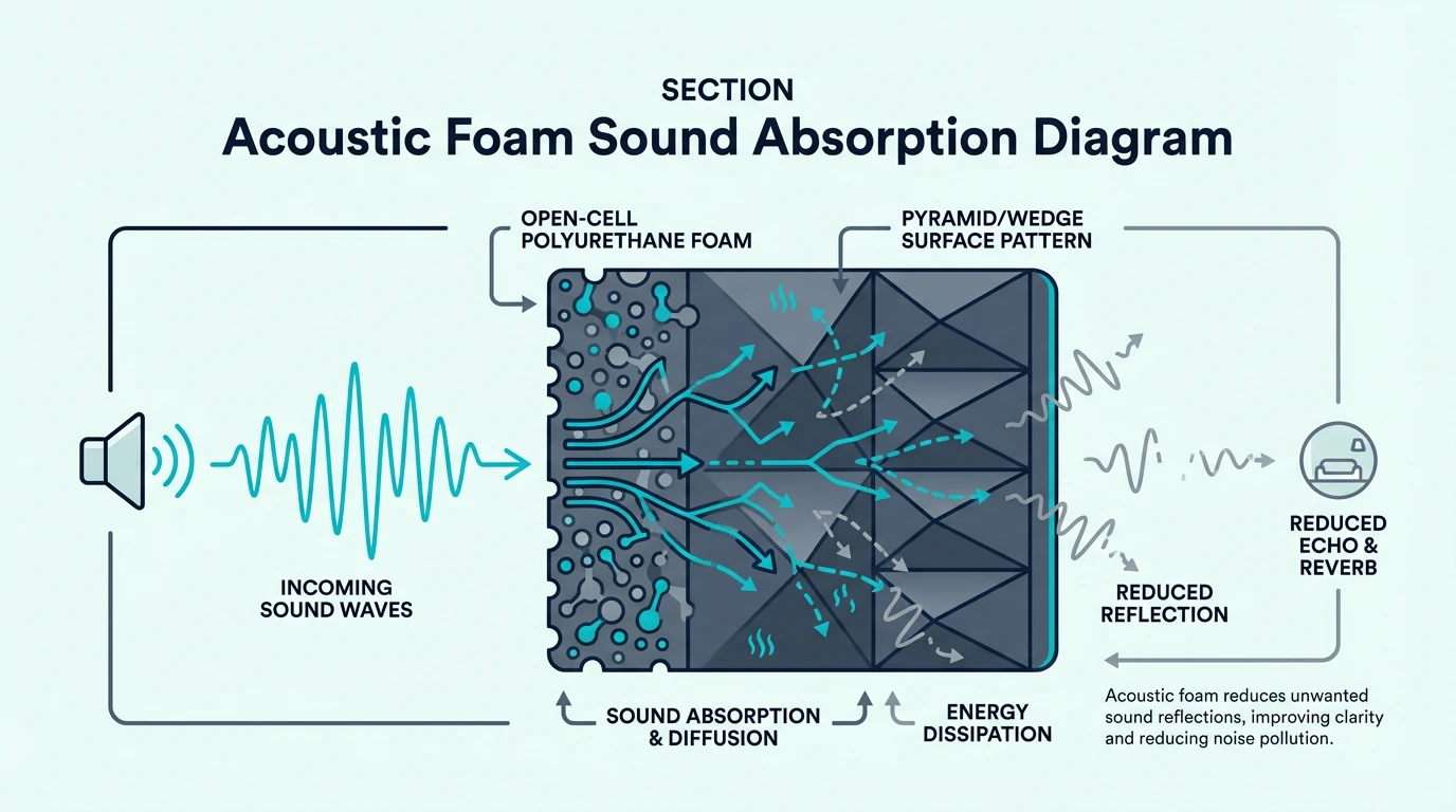 Diagram showing acoustic foam absorbing sound reflections