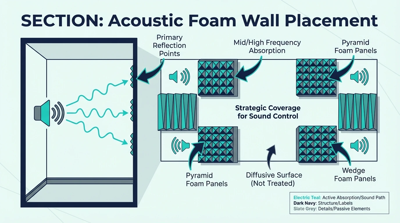 Acoustic foam panels mounted at first reflection points on studio walls for bass traps vs acoustic foam