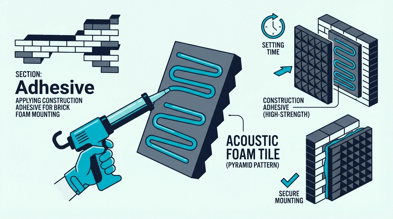 Construction adhesive applied for mounting acoustic foam on brick