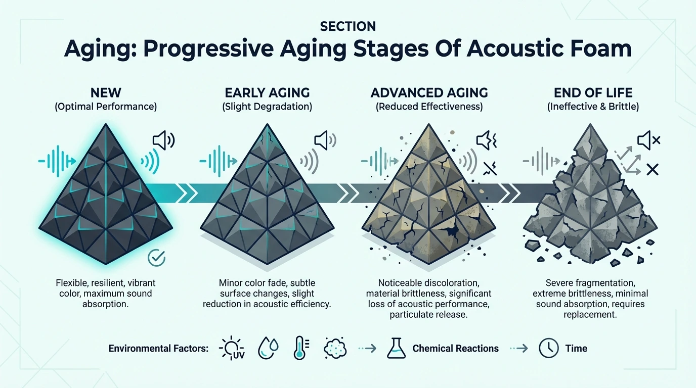 Progressive aging stages of acoustic foam over time