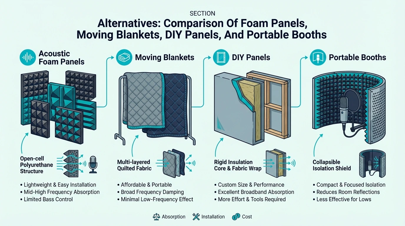 Comparison of foam panels, moving blankets, DIY panels, and portable booths