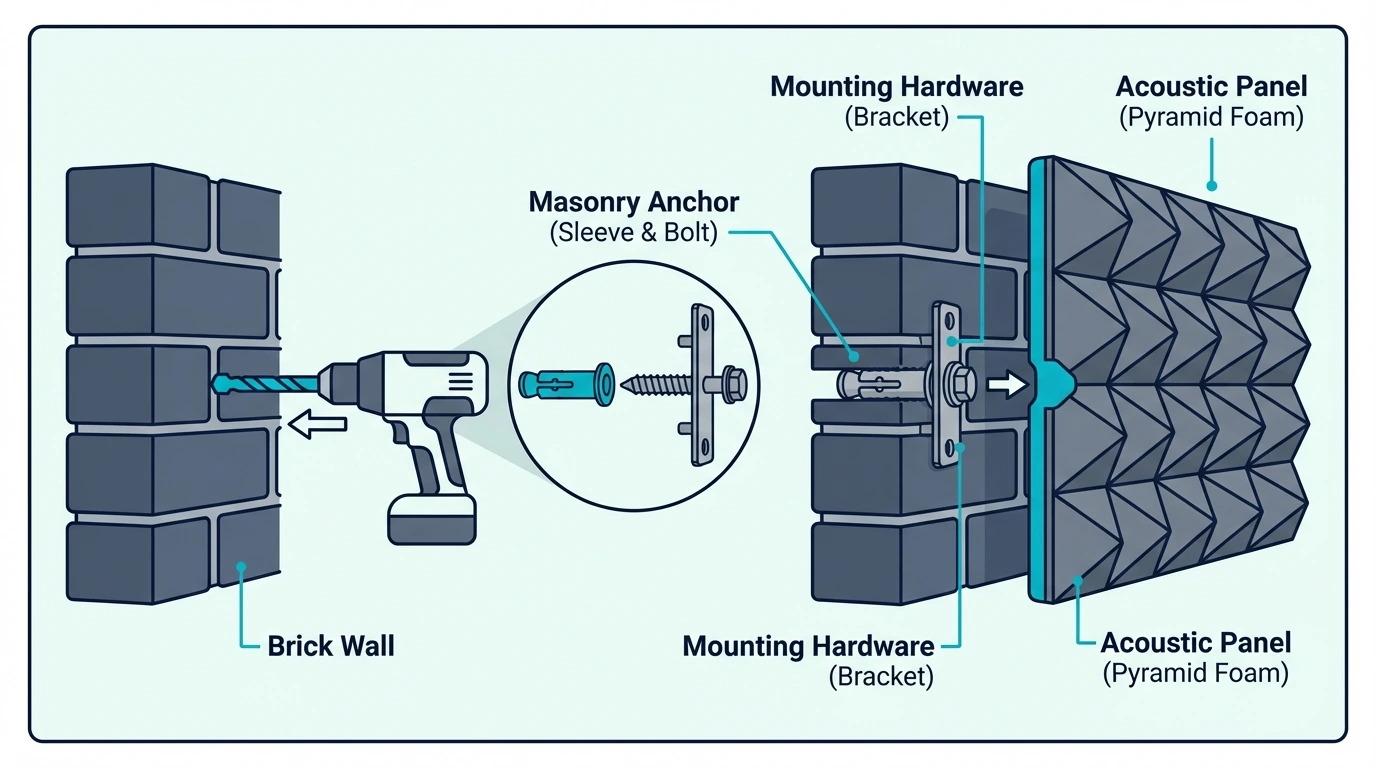 Masonry anchors securing acoustic panel mounting hardware to brick