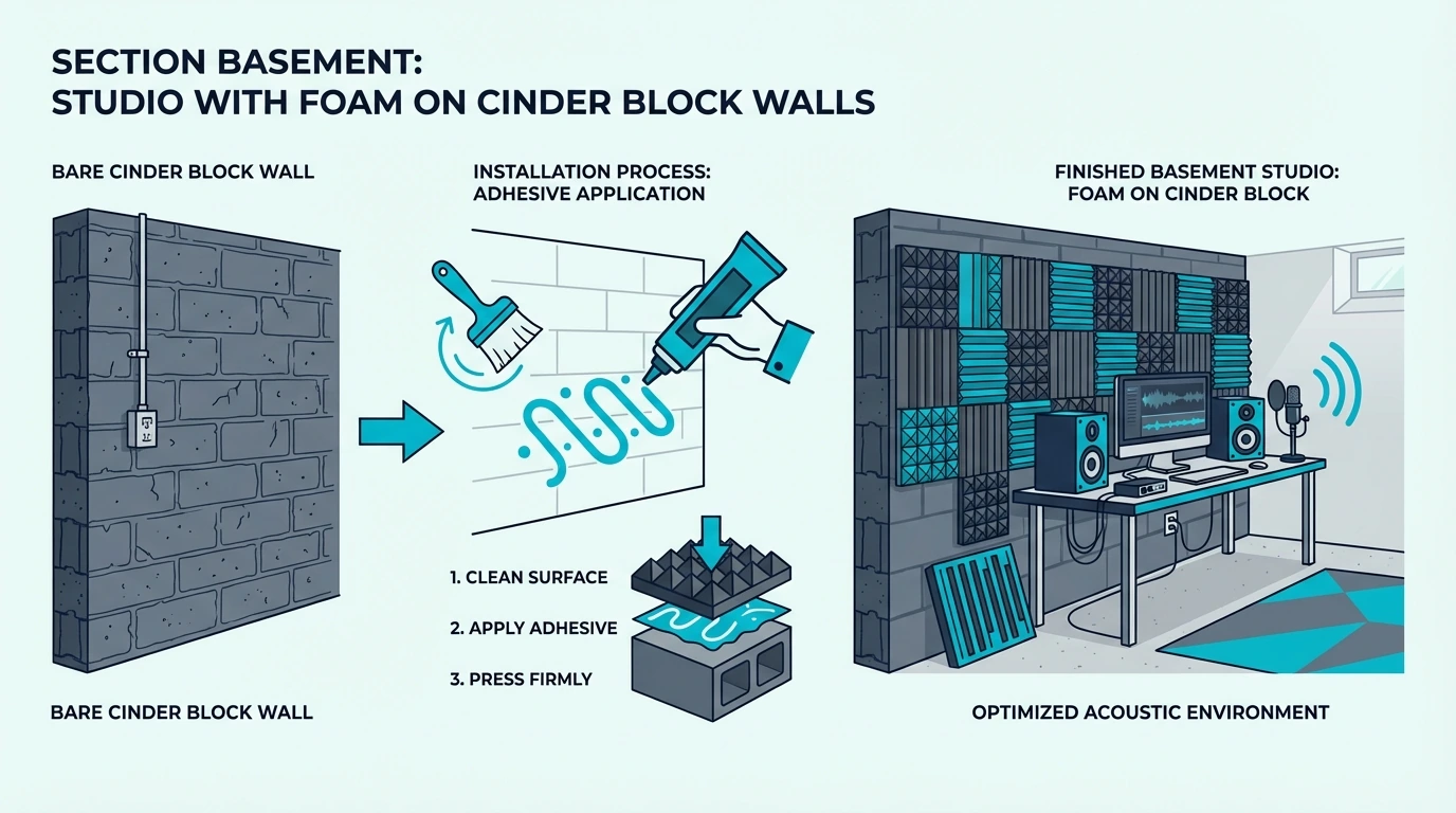 Basement studio with foam on cinder block walls