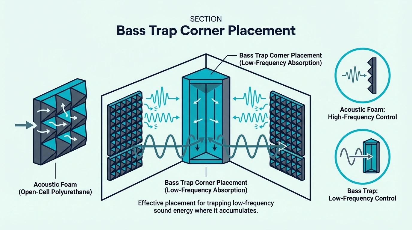 Bass traps installed in room corners from floor to ceiling for bass traps vs acoustic foam